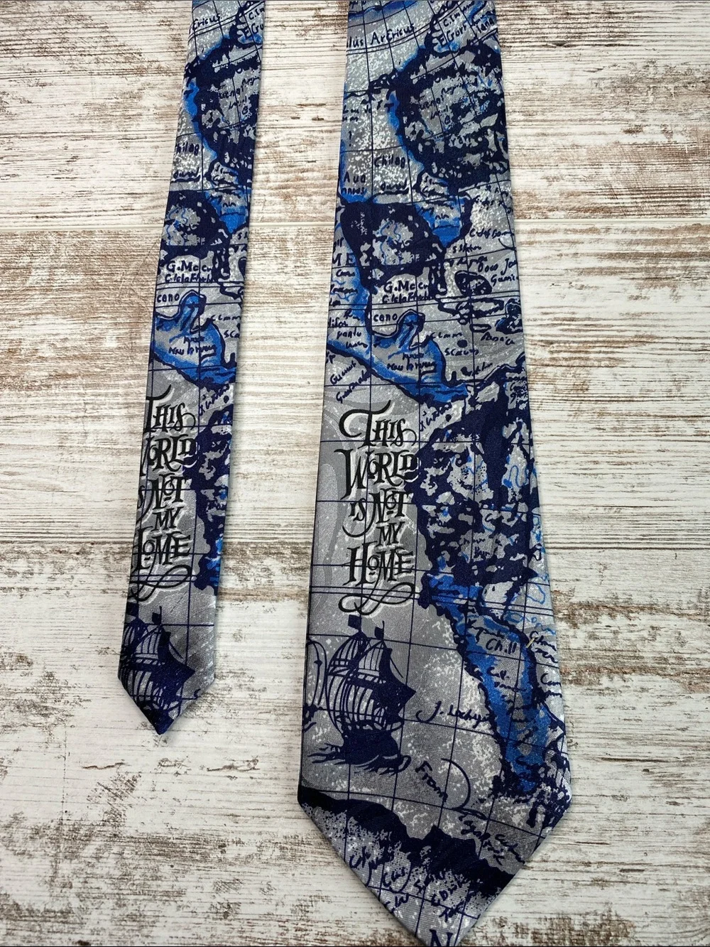 Steven Harris Gospel Quote Necktie Blue Gray Vintage Nautical Ship Map